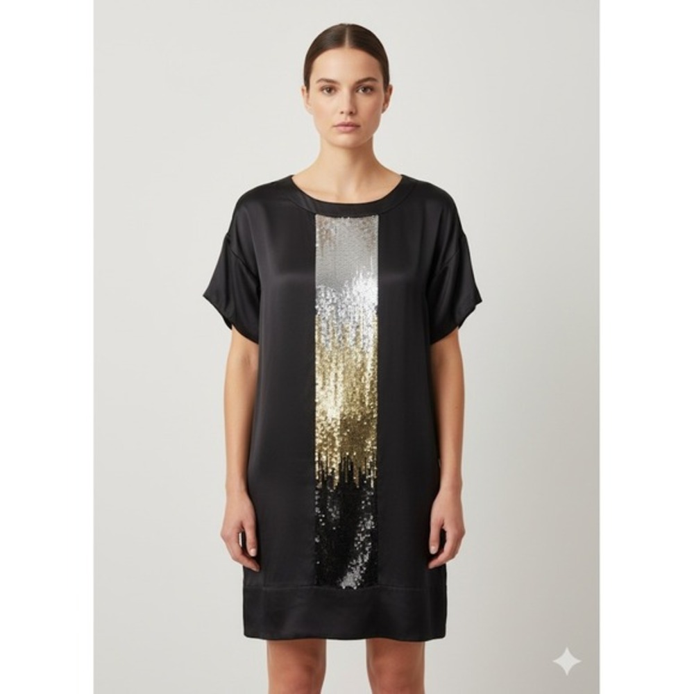 Les Petites Collection Black Silk T3‎ Sequins Stripe Short Sleeve Dress